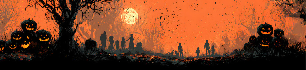 Halloween banner with funny silhouettes of pumpkins. Vector.