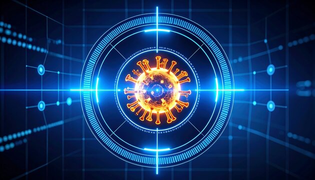 A microscopic virus is centered within a technological targeting interface