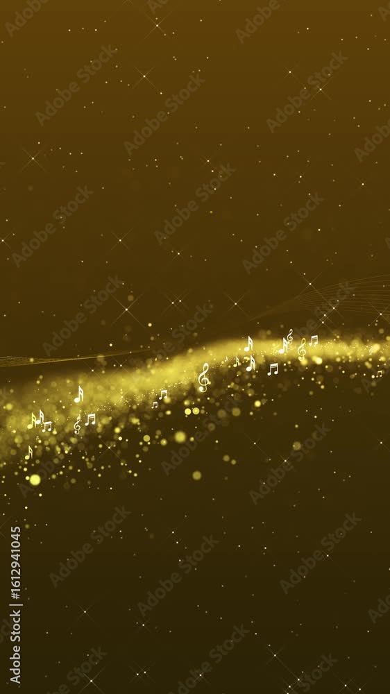 Poster flying music notes shining glitter particles 4k 3d loop animation new motion background. light flare