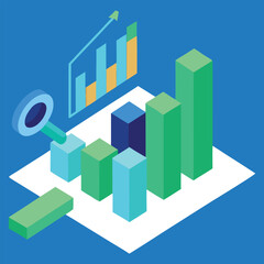 Obraz premium Isometric 3d illustration of a financial growth chart with rising bars and a magnifying glass symbolizing data analysis and business intelligence on a blue background
