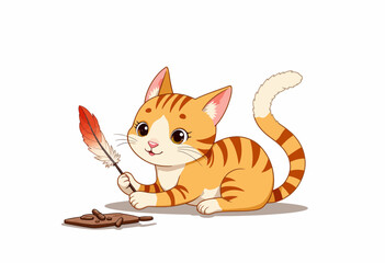 Cute orange kitten playing with a feather and a toy on white background  