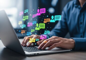 SNS chat messages and communications. Analysis of social media communication for marketing. Marketer using laptop computer to analyze social media trends.	
