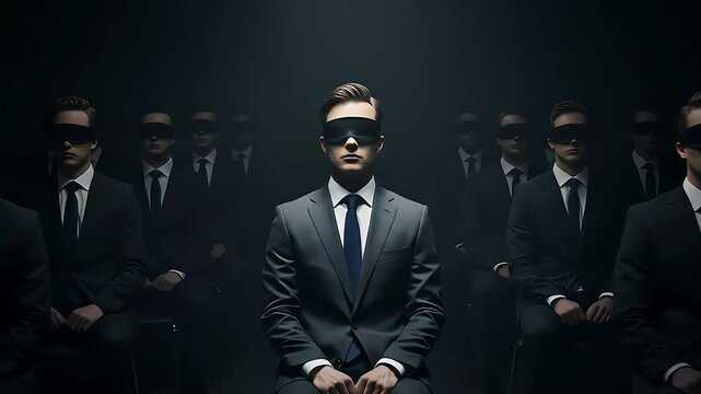 Group Of Men In Dark Suits And Blindfolds Sitting On Chairs Under Dramatic Lighting