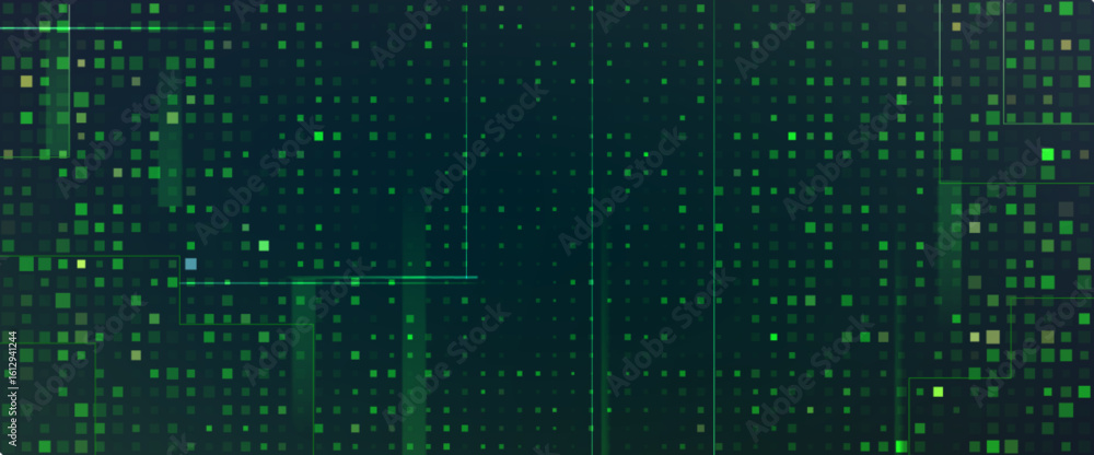 Poster digital green pixel pattern background with glowing squares - cyber grid for game interface, tech wa