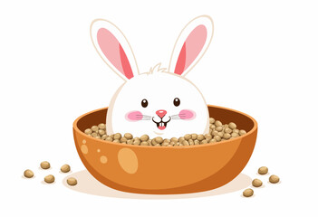 Obraz premium Cute cartoon rabbit sitting in a bowl with pellets 