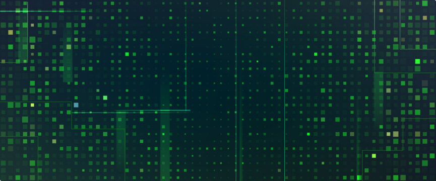 Digital green pixel pattern background with glowing squares - cyber grid for game interface, tech wallpaper, streaming overlay and futuristic design project with neon mosaic texture on dark surface.