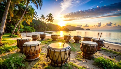 Spiritual drum circle gathering on a sandy tropical paradise beach during a beautiful golden sunset.