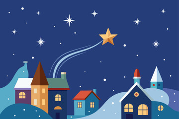 Naklejka premium Star Falling Over Winter Town