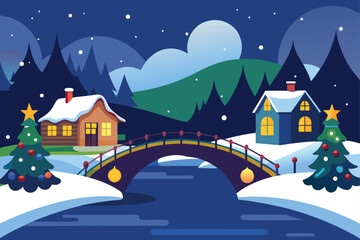 Fototapeta premium Winter Village Bridge at Night