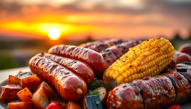 grilled sausages, corn on the cob, bell peppers, sunset sky, backyard barbecue, delicious summer feast, vibrant colors, natural lighting, outdoor dining, sizzling grill, mouth-watering food
