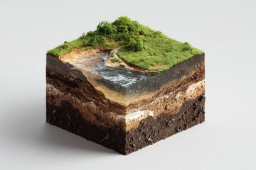 Earth Cross Section. Cubical Subterranean Soil and Water Landscape with Green Grass Top View