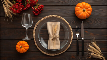 Thanksgiving table setting autumn harvest decor dinner party pumpkins fall holiday rustic wood background