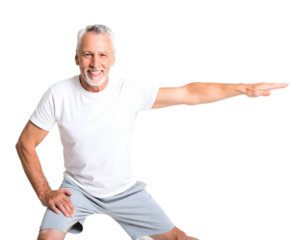 Senior man doing stretching exercises on transparent background