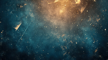 Obraz premium Mesmerizing cosmic background featuring blend of deep blue and golden hues, with scattered light particles and textured appearance that evokes sense of vastness and mystery