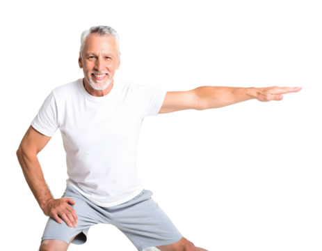 Senior man doing stretching exercises on transparent background