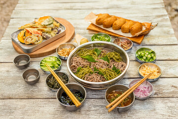 お蕎麦　Cold Japanese soba noodles on a summer trip