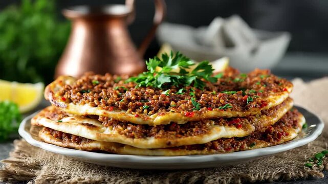 Delicious Turkish pide flatbread topped with seasoned minced meat and fresh parsley, 4k video footage