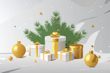 Golden Gifts and Pine Leaves on Snowy Background