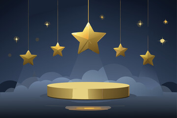 Christmas Stars Hanging over Golden Podium