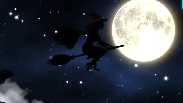 A witch silhouette flies on a broomstick across the night sky under a large full moon 4k video