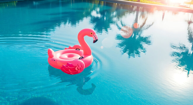 Summer relaxation concept with a vibrant pink flamingo inflatable in a sunlit swimming pool with palm tree reflections - Powered by Adobe