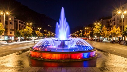 Colorful city street at night with a large illuminated water fountain in the a wide urban avenue.
