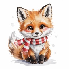 Fototapeta premium Adorable cartoon fox wearing a red and white scarf, sitting in the snow. Perfect for children's products, winter cards, and playful seasonal designs.