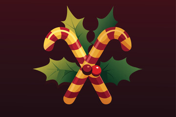 Candy Canes with Holly on Burgundy Background