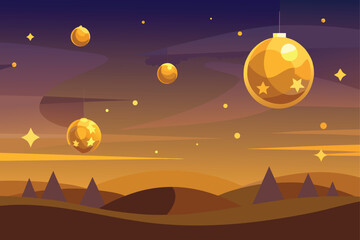  Sunset with Floating Golden Baubles in Desert