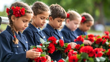 Young children in uniform solemnly placing red flowers during a commemorative tribute to honor a memorial day