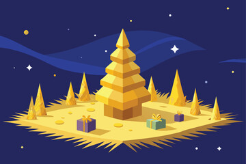 Golden Christmas Tree with Gifts on Night Background