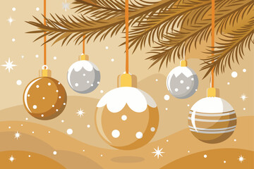 Golden Baubles with Snow on Pine Tree Branch