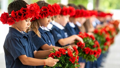 Children Wearing Poppy Wreaths and Headbands on Remembrance Day