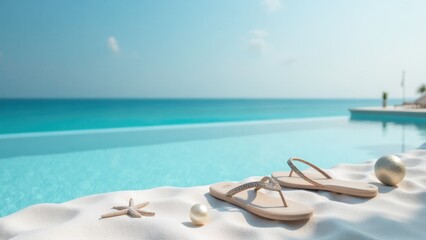 Luxury Beige Flip Flops by Pool: Summer Vacation Relaxation, Beachside Glamour