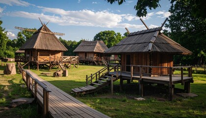 Scenic view of a historic village with traditional wooden houses on stilts, featuring thatched roofs and a rustic boardwalk.