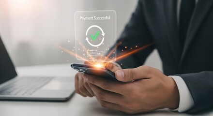Mobile Payment Confirmation: A sleek smartphone interface confirms a successful transaction with a digital overlay, as a person interacts with the device.