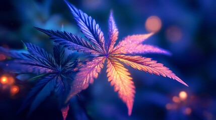 Colorful cannabis leaves illuminated by soft purple and blue lighting create a stunning visual display in a serene environment