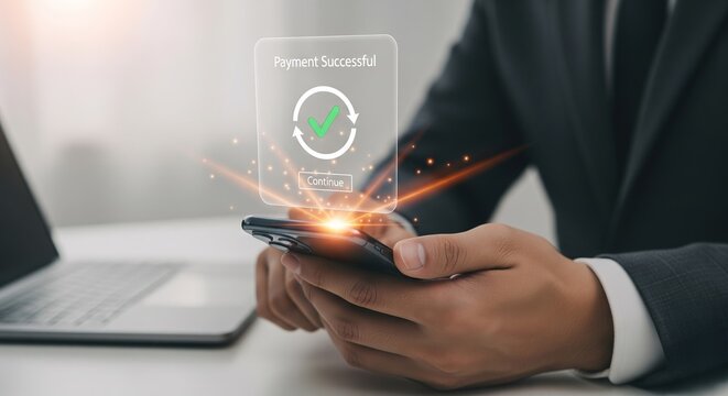 Mobile Payment Confirmation: A sleek smartphone interface confirms a successful transaction with a digital overlay, as a person interacts with the device.