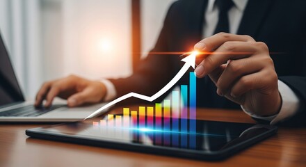 Financial Growth at the Desk: A businessman meticulously examines a holographic rising graph on a modern tablet, a potent visual metaphor for business growth and economic prosperity.