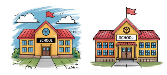 Naklejka premium school building : Hand-drawn color pencil illustration isolated on white background