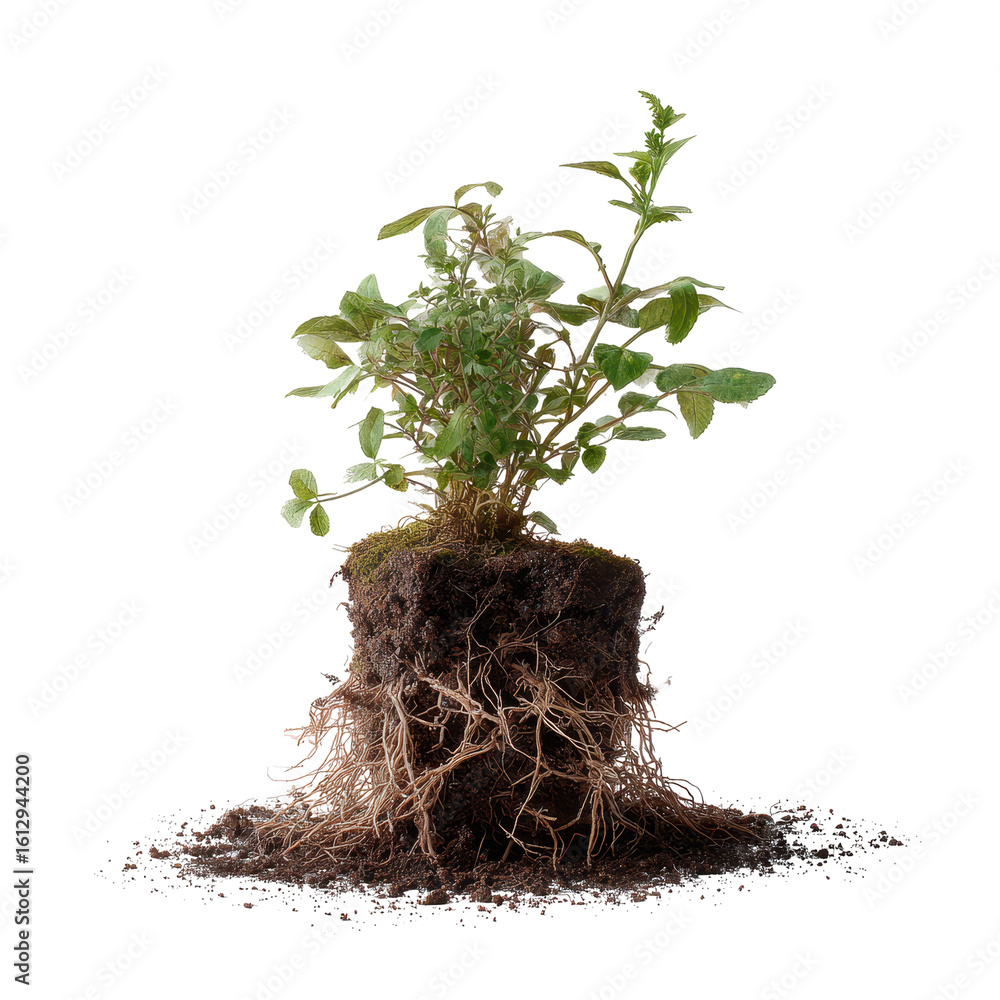 Poster a close-up of a plants root system in soil isoleted on transparent background .