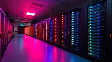 Data center filled with advanced server racks illuminated in vibrant colors during nighttime operations