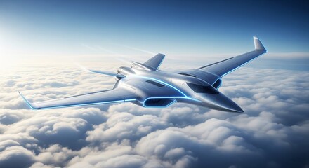 Obraz premium Aerospace Engineering's Future: A cutting-edge aircraft soars gracefully through the cloud-filled sky, a beacon of technological advancement and the future of flight.