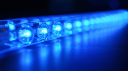 Blue LED lights illuminate a dark surface creating an ambient atmosphere in a modern setting