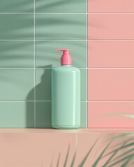 Minimalist skincare bottle packaging mockup, standing on soft pastel background, suitable for beauty brands.