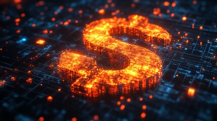 Digital dollar sign glowing over a network of data in a futuristic financial landscape