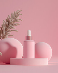 perfume bottle and pink rose, Minimalist skincare bottle packaging mockup, standing on soft pastel background, suitable for beauty brands.