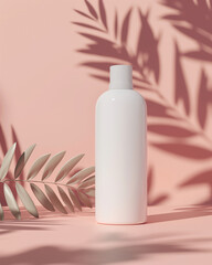 Minimalist skincare bottle packaging mockup, standing on soft pastel background, suitable for beauty brands.