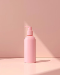 pink cosmetic bottle, Minimalist skincare bottle packaging mockup, standing on soft pastel background, suitable for beauty brands.