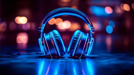 Bright blue headphones placed on a reflective surface in a vibrant, illuminated setting at night